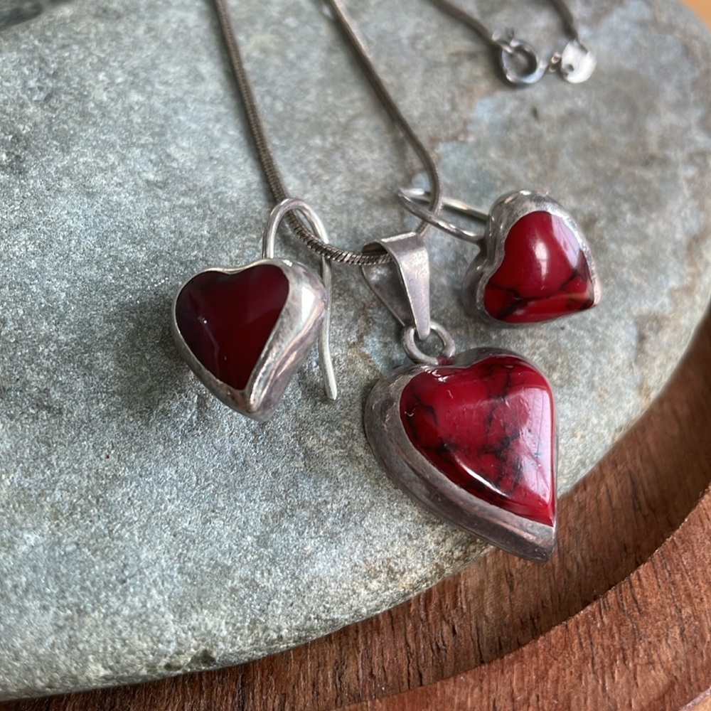 Red Heart Jasper Sterling Earrings and Necklace Mexico - Picture 11 of 12